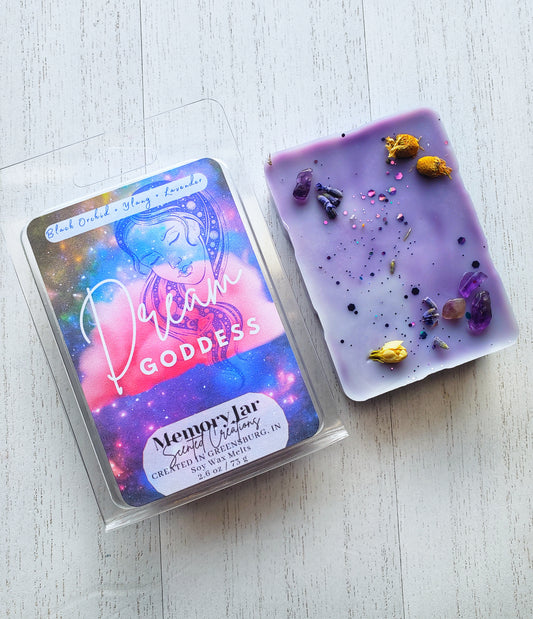 Dream Goddess | Amesthyst Crystals + Dried Chamomile Lavender & Jasmine Petals | 2.7oz Clamshell | Soy Wax Melts | The Nostalgia Collection